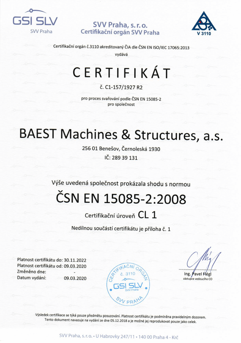 certifikát ČSN EN 15085-2:2008